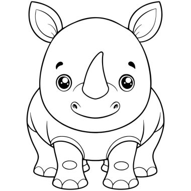 Gergedan boyama sayfasında çocukların eğlencesi için yapılmış şirin hayvan çizimleri var.