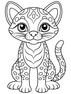 Boyama kitabı ya da büyük kedileri ve çizimleri seven çocuklar için tasarlanmış sayfa için şirin bir Ocelot Çizimi