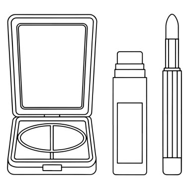 Göz farı, ruj ve pudra boyası içeren şık bir ürün çizimi..
