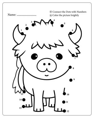 Çocuklar için şirin bir İskoç ineği içeren noktaları birleştirme aktivitesi. Kolay renklendirme.