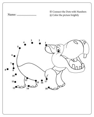 Tatlı su aygırı çocuklar için noktaları birleştiriyor. Yazdırılabilir boyama sayfası. Eğlenceli öğrenme.