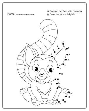 Eğlenceli lemur, çocuklar için noktaları birleştirir. Kolay renklendirme sayfası.