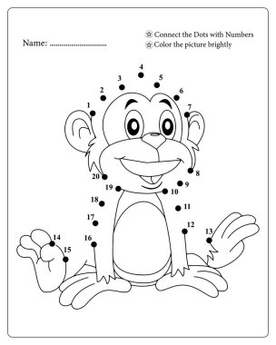 Sevimli maymun nokta nokta yazdırılabilir çalışma tablosu anaokulu öğrencileri için sayı ve renkleri öğrenmek için harika.