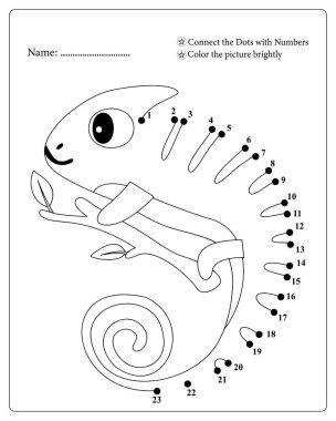 Çocuklar için bukalemun nokta nokta eğlence aktivitesi. Renk sayfası dahil.