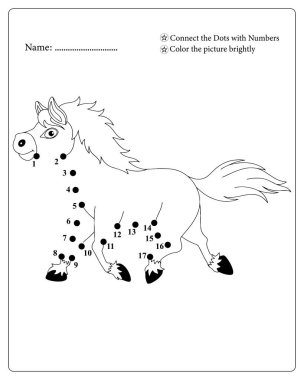 Yazdırılabilir at çocuklar için noktalar etkinlik sayfasını birleştirir. Renklerin tadını çıkar.