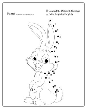 Şirin bir tavşanın yer aldığı eğlenceli çocuklar faaliyet sayfası. Noktaları ve renkleri birleştir.