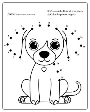 Harika bir köpek yavrusunun yer aldığı eğlenceli çocuklar faaliyet sayfası noktaları birleştiriyor.