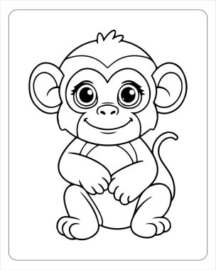 Kitap sayfalarını boyayan çocuklar için tatlı maymun çizgi filmi. Eğlenceli primat tasarımı.