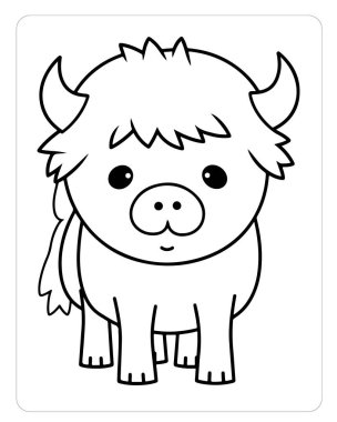 Kitap sayfalarını boyayan çocuklar için şirin bir öküz çizgi filmi. Eğlenceli hayvan çizimi..