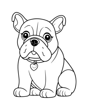 Tatlı Fransız Bulldog köpeği, çocuklar için mükemmel bir boyama sayfası. Basit çizgiler, renklendirmesi kolay.