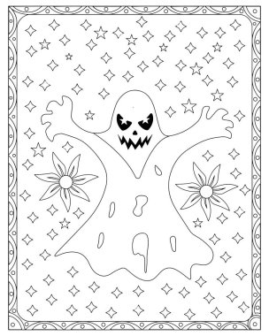 Cana yakın bir hayalet ve yıldızın yer aldığı eğlenceli Cadılar Bayramı boyama sayfası. Çocuklar için mükemmel..