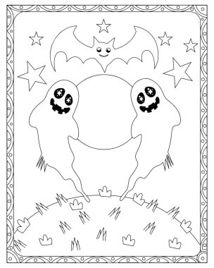 Hayaletler, yarasalar ve yıldızlarla dolu ürkütücü bir Cadılar Bayramı boyama sayfası. Çocuklar için mükemmel..