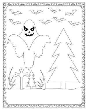 Hayalet yarasalar ve ağaçlarla dolu eğlenceli bir Cadılar Bayramı boyama sayfası. Çocuklar için mükemmel..