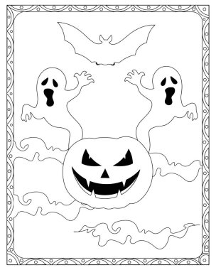 İçinde balkabağı, hayalet ve yarasaların olduğu şirin bir Cadılar Bayramı boyama sayfası. Çocuklar için mükemmel..