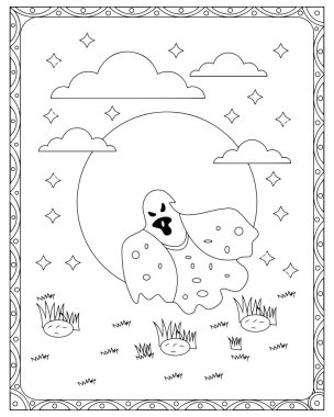 Ürkütücü ama sevimli Cadılar Bayramı hayalet boyama sayfası. Çocuklar için eğlence..