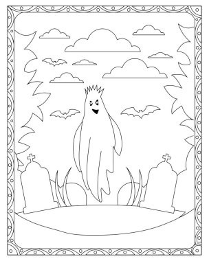 Tatlı hayalet, yarasalar ve mezar taşları Cadılar Bayramı renklendirme sayfası tasarımı.