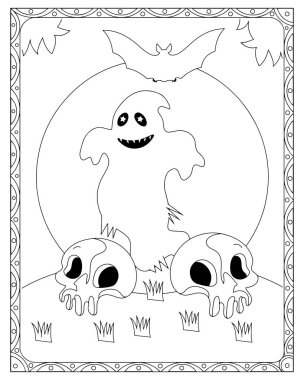 Hayalet, yarasa ve kafataslarının yer aldığı eğlenceli bir Cadılar Bayramı renklendirme sayfası. Çocuklar için mükemmel..