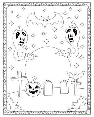 Hayaletlerin, yarasaların, balkabaklarının ve mezarlığın olduğu eğlenceli Cadılar Bayramı boyama sayfası. Çocuklar için mükemmel..
