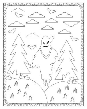 Çocuklar için orman sahnesi boyama sayfasında şirin bir Cadılar Bayramı hayaleti. Yazdırma ve renk.