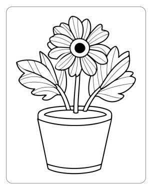 Çocuklar için basılabilir Gerbera papatya çiçeği boyama sayfası. Şirin saksı bitkisi tasarımı.