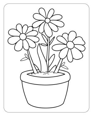 Tencerede boyamaya hazır sevimli papatya çiçekleri. Basit çizgi sanat tasarımı.