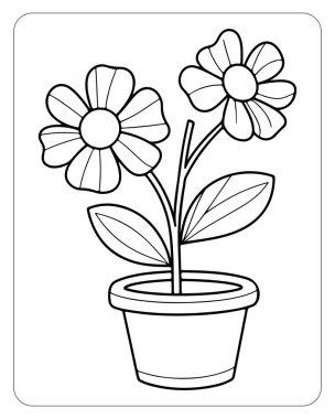Çocuklar için sevimli saksı çiçekleri boyama sayfası tasarımı. Basit bitki çizimi.