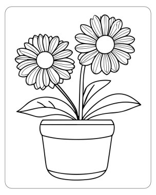 Çiçek saksısında Gerbera papatyalarının basit çizimleri. Renklendirme için mükemmel.