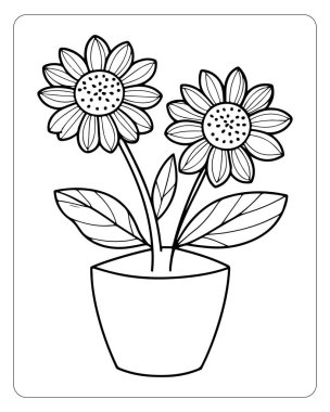 Ayçiçeği boyama sayfasında bir tencerede iki çiçek var. Çocuklar ve yetişkinler için mükemmel..