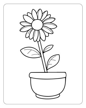 Bir saksı çizgisi içinde şirin papatya çiçeği çocuklar için basılabilir resim boyama sayfası.