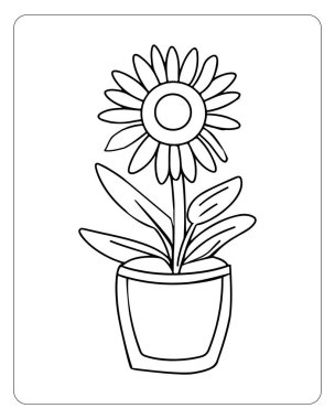 Bir saksı çizgisi içinde basit bir ayçiçeği boyama sayfaları için mükemmel.