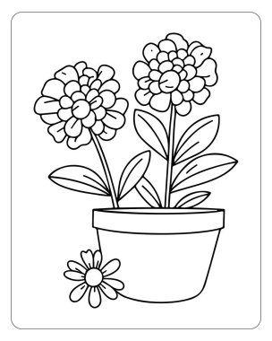 Tencere boyama sayfasında çocuklar için harika olan şirin zinnia çiçekleri. Basit satır sanatı.
