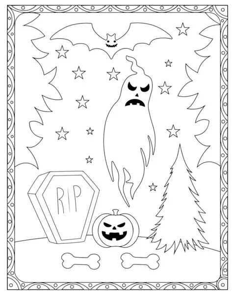 Hayaletlerin, yarasaların, balkabaklarının ve mezar taşlarının yer aldığı eğlenceli Cadılar Bayramı renklendirme sayfası..