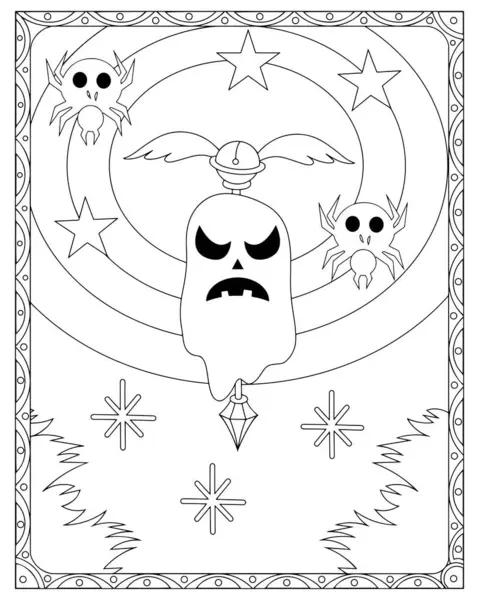 İçinde örümcekler ve yıldızların olduğu şirin Cadılar Bayramı hayalet boyama sayfası. Çocuklar için harika..