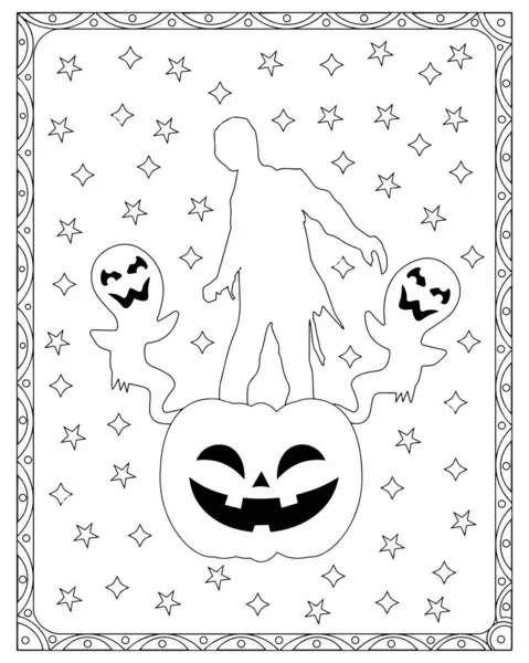 Eğlenceli Cadılar Bayramı renklendirme sayfasında bir zombi, hayaletler ve bir balkabağı feneri var..
