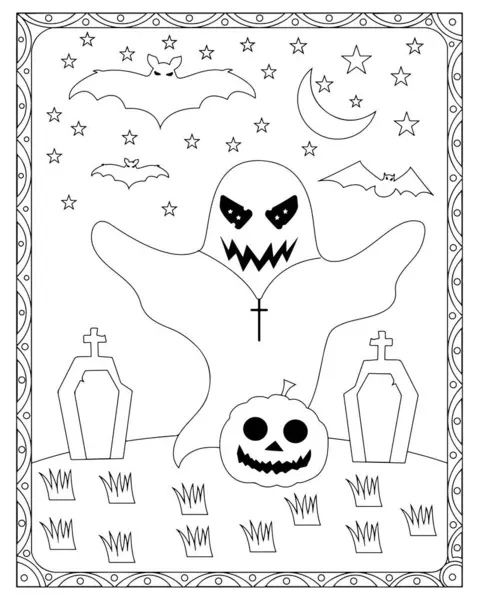 Hayalet, yarasa, balkabağı ve mezar taşı içeren eğlenceli Cadılar Bayramı renklendirme sayfası.