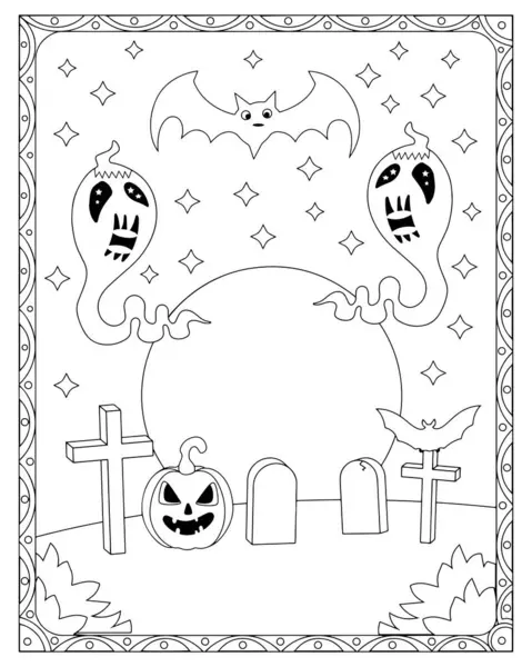 Hayaletlerin, yarasaların, balkabaklarının ve mezarlığın olduğu eğlenceli Cadılar Bayramı boyama sayfası. Çocuklar için mükemmel..