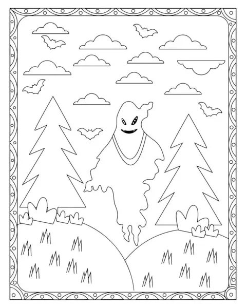 Çocuklar için orman sahnesi boyama sayfasında şirin bir Cadılar Bayramı hayaleti. Yazdırma ve renk.