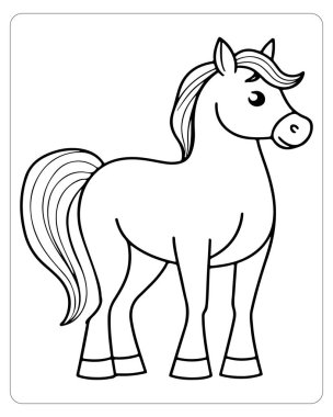 Renklendirilmeye hazır, yelesi ve kuyruğu olan basit bir çizgi film karakteri..