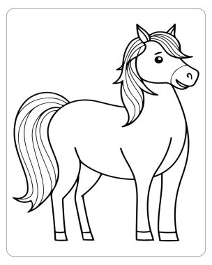 Kalın hatlı çizgi film tarzı at çizimi, renklendirme ya da eğitim faaliyetleri için ideal.