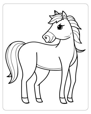 Basit, siyah beyaz çizgi film at çizimi, boyama sayfaları ve çocuk aktiviteleri için mükemmel..