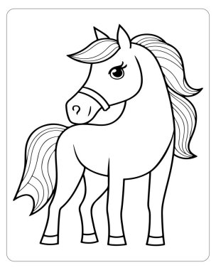 Renklendirmeye hazır şirin bir atın basit bir siyah beyaz çizgisi..