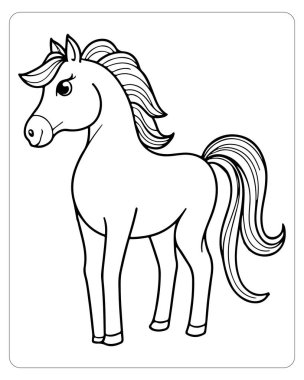 Renklendirilmeye hazır, dalgalı yelesi ve kuyruğu olan basit bir çizgi film atı..