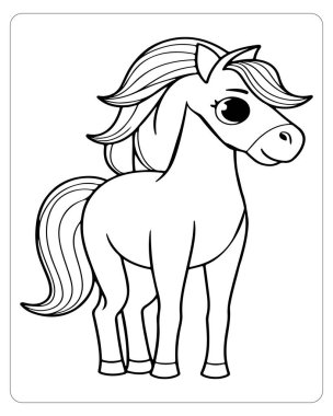 Kalın siyah çizgileri olan basit bir çizgi at çizimi, boyama kitabı sayfası için mükemmel..