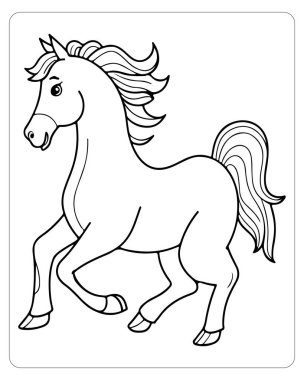 Renklendirmek için özetlenmiş yelesi ve kuyruğu olan bir çizgi film atı..