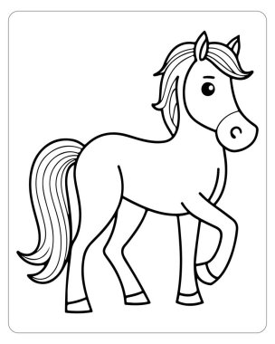 Basit, siyah-beyaz çizgi film at çizimi boyama sayfaları ve eğitim aktiviteleri için mükemmel..