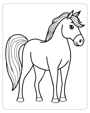 Çizgi film stili bir at siyah beyaz olarak özetlenir, boyama sayfaları için mükemmeldir..