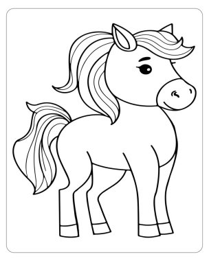 Çizgi film atının basit bir siyah beyaz çizimi, renklendirmeye uygun..