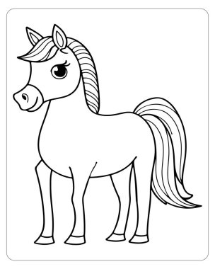 Yelesi ve kuyruğu çizilmiş basit bir siyah beyaz çizgi film atı..