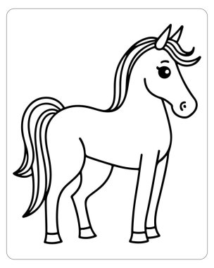 Basit bir siyah beyaz çizgi film atı. Dostça bir ifadesi var. Renklendirmek için mükemmel..