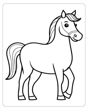 Basit bir siyah-beyaz çizgi film at çizimi. Renkli sayfalar ve eğitim amaçlı..